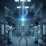 Two scientists in a sterile laboratory environment working on a massive, glowing DNA double helix with digital HUDs displaying "CRISPR 2.0" gene-editing data.