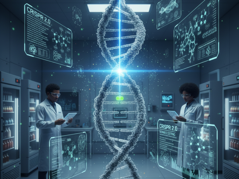 Two scientists in a sterile laboratory environment working on a massive, glowing DNA double helix with digital HUDs displaying "CRISPR 2.0" gene-editing data.