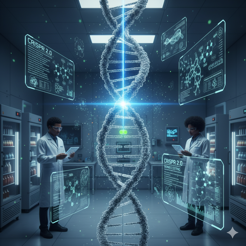 Two scientists in a sterile laboratory environment working on a massive, glowing DNA double helix with digital HUDs displaying "CRISPR 2.0" gene-editing data.