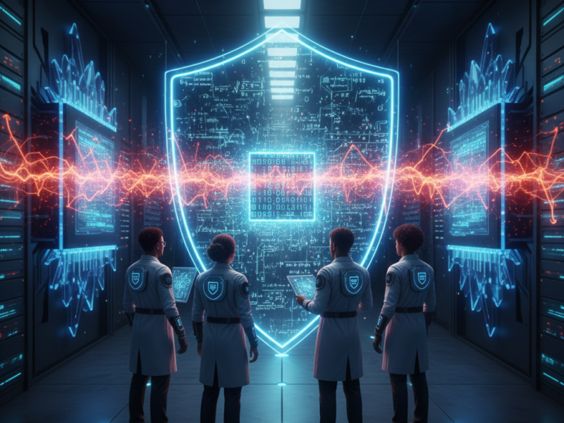 Four cybersecurity experts standing before a massive, glowing holographic shield protecting digital servers from orange energy waves representing quantum threats.