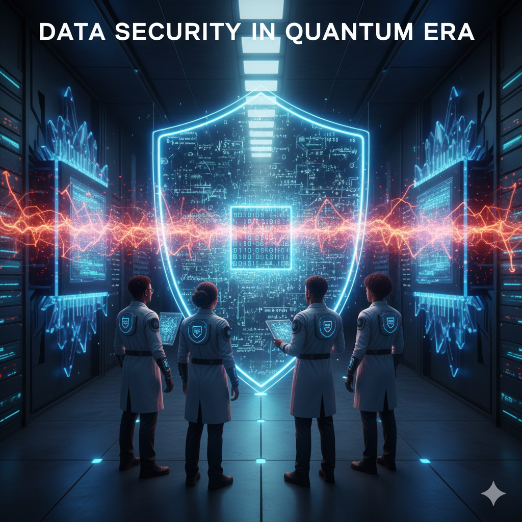 Four cybersecurity experts standing before a massive, glowing holographic shield protecting digital servers from orange energy waves representing quantum threats.