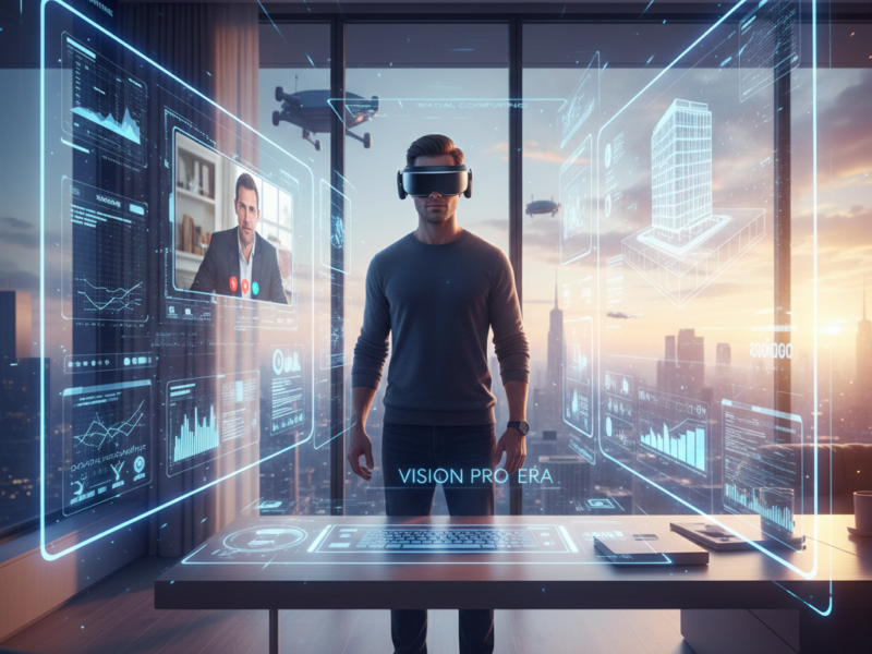 A man wearing a sleek spatial computing headset in a modern office, surrounded by floating holographic windows showing 3D models and video calls.