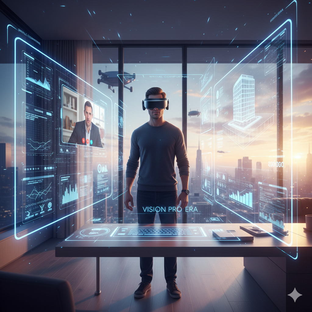 A man wearing a sleek spatial computing headset in a modern office, surrounded by floating holographic windows showing 3D models and video calls.