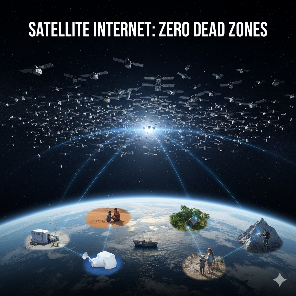A global view of Earth beneath a dense canopy of orbiting satellites, with glowing light beams connecting remote locations like deserts, mountains, and ice caps to the network.