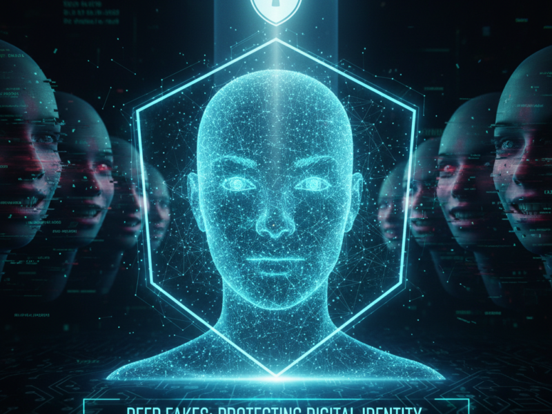 A central digital face composed of blue light particles protected by a glowing hexagonal shield and a padlock icon, surrounded by glitching, distorted AI-generated faces.