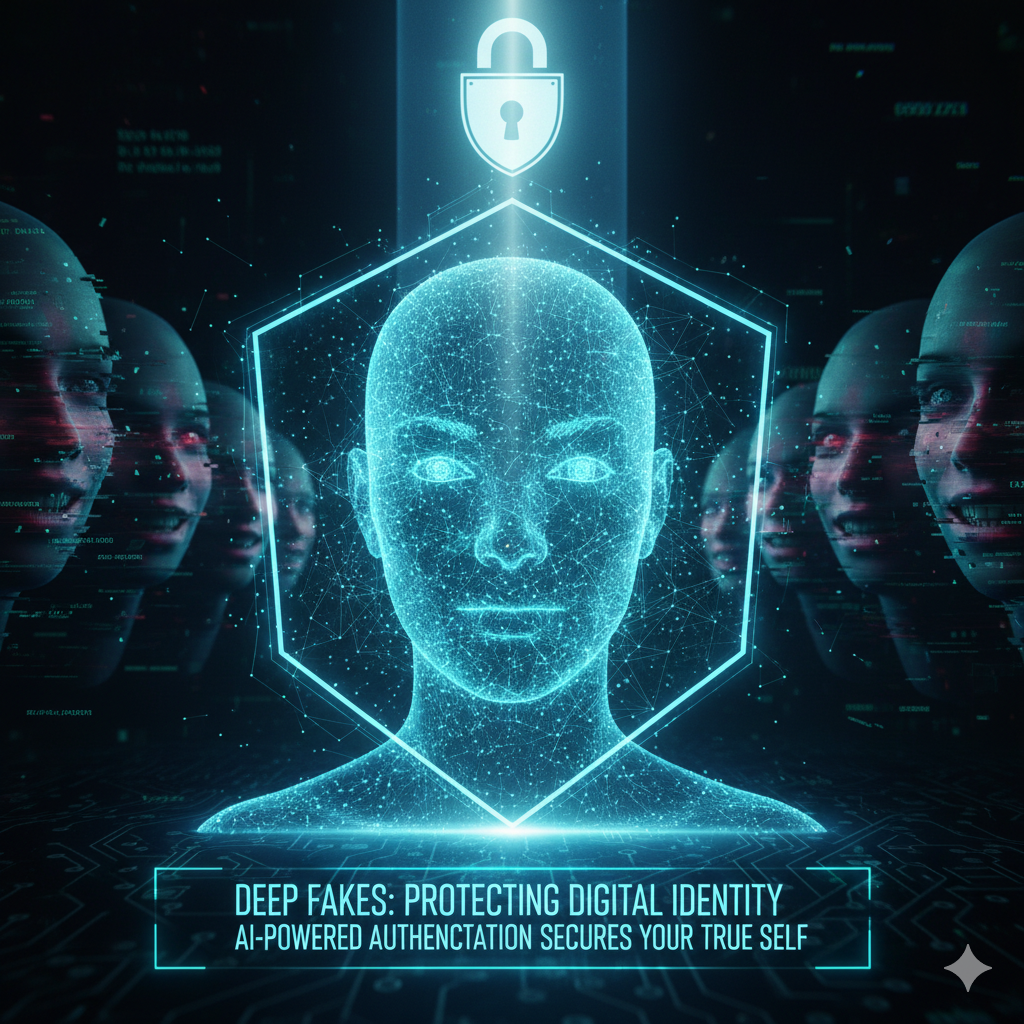 A central digital face composed of blue light particles protected by a glowing hexagonal shield and a padlock icon, surrounded by glitching, distorted AI-generated faces.