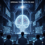 A group of OpenAI researchers in a high-tech server room monitoring a glowing, neural-network-inspired digital brain that symbolizes the pursuit of Artificial General Intelligence.