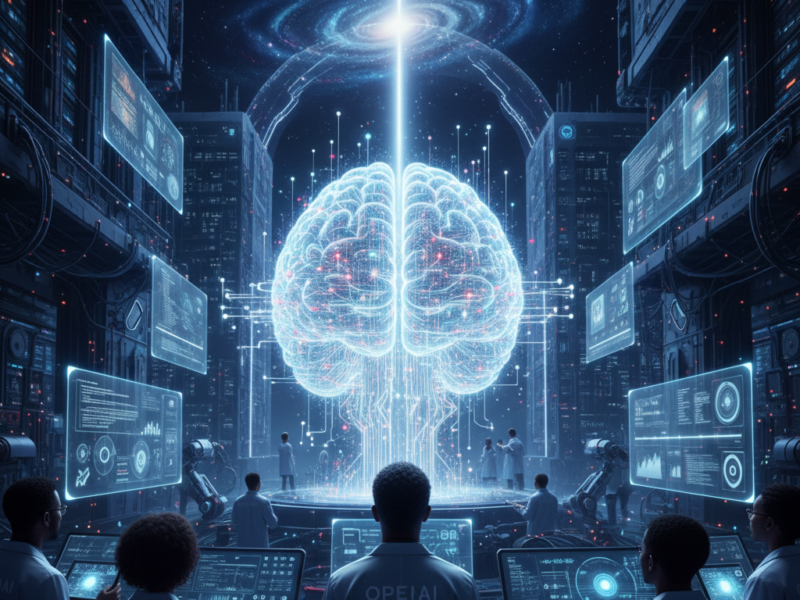 A group of OpenAI researchers in a high-tech server room monitoring a glowing, neural-network-inspired digital brain that symbolizes the pursuit of Artificial General Intelligence.