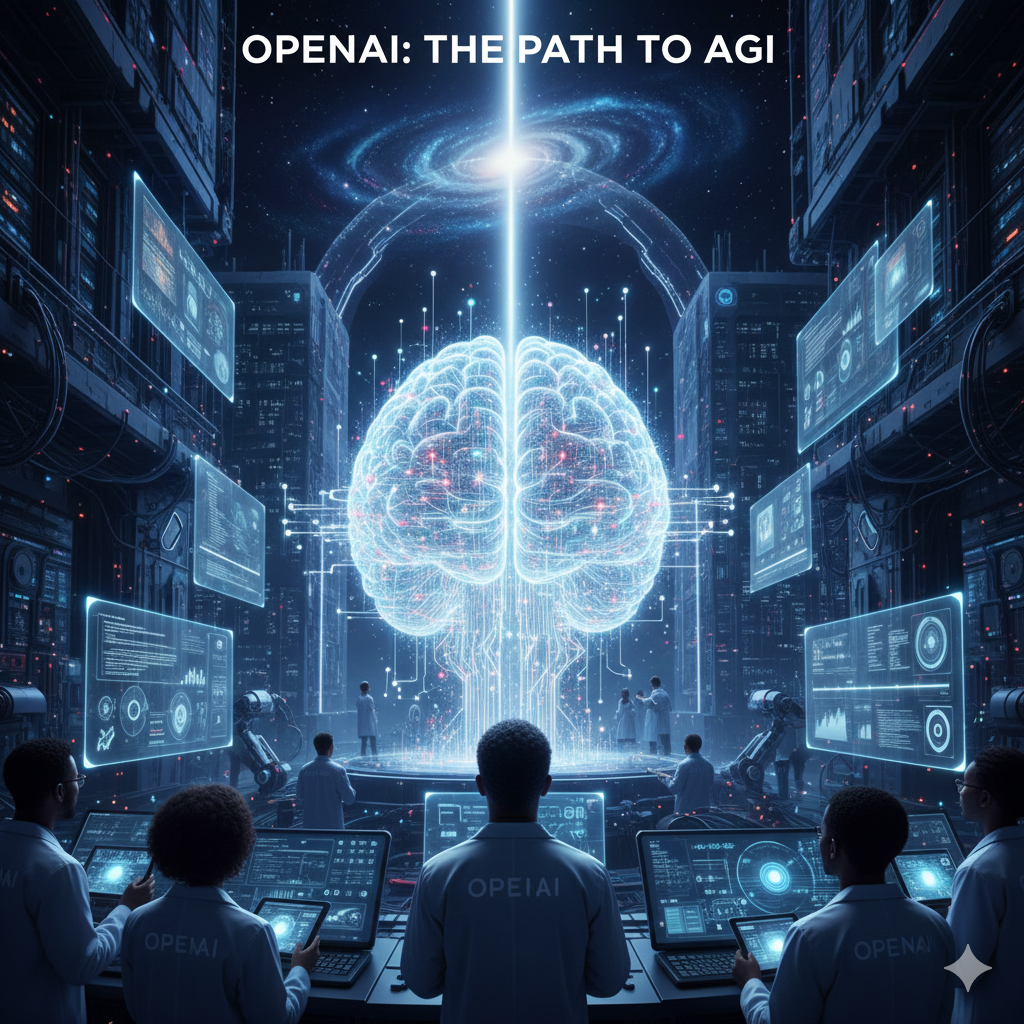 A group of OpenAI researchers in a high-tech server room monitoring a glowing, neural-network-inspired digital brain that symbolizes the pursuit of Artificial General Intelligence.