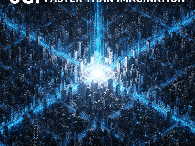 An aerial view of a futuristic smart city glowing with blue light beams and data pulses, featuring the text "6G: FASTER THAN IMAGINATION."