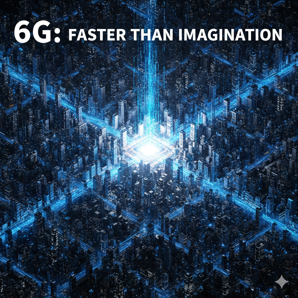 An aerial view of a futuristic smart city glowing with blue light beams and data pulses, featuring the text "6G: FASTER THAN IMAGINATION."