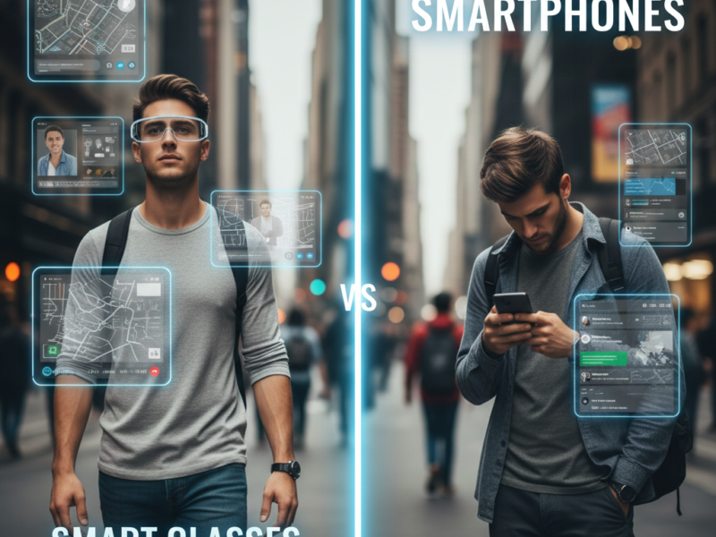Alt Text: A side-by-side comparison of a man using augmented reality smart glasses to view digital data heads-up versus a man looking down at a traditional smartphone.