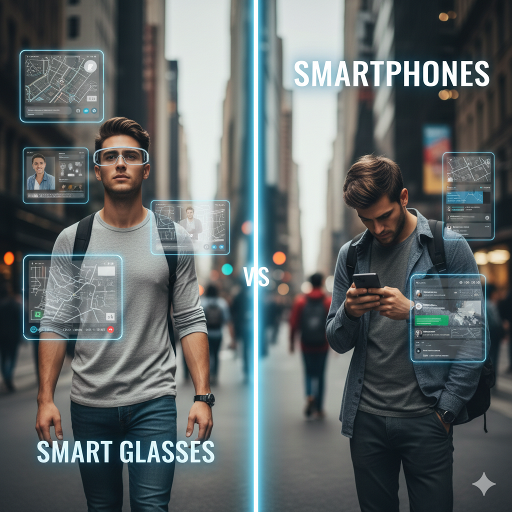 Alt Text: A side-by-side comparison of a man using augmented reality smart glasses to view digital data heads-up versus a man looking down at a traditional smartphone.