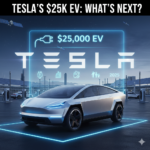 A silver, compact Tesla "Project Redwood" vehicle with sharp, aerodynamic lines parked at a neon-lit charging station beneath a digital display showing "$25,000 EV."
