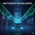 A digital illustration showing glowing holographic hands shaking over a blockchain server, with fading human lawyers on one side and robotic figures on the other.