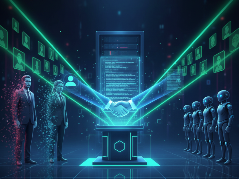A digital illustration showing glowing holographic hands shaking over a blockchain server, with fading human lawyers on one side and robotic figures on the other.