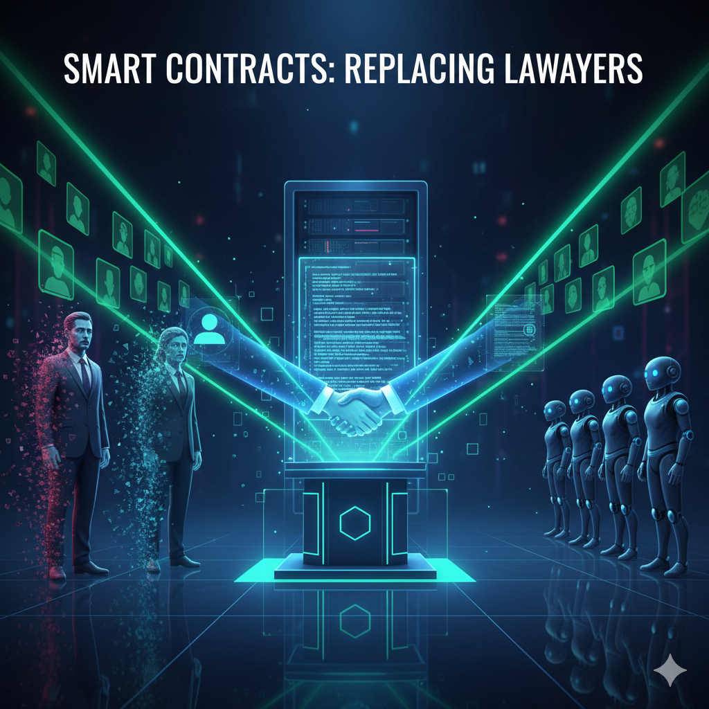 A digital illustration showing glowing holographic hands shaking over a blockchain server, with fading human lawyers on one side and robotic figures on the other.