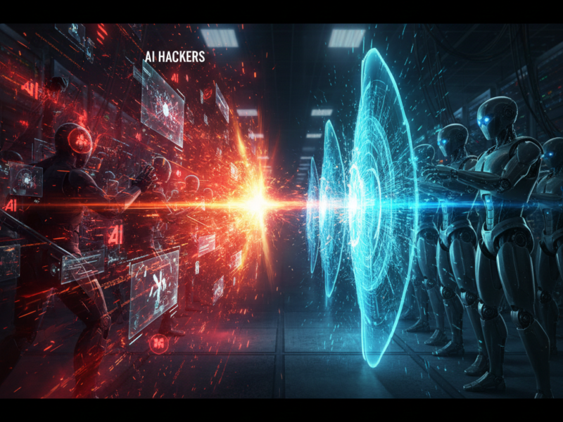 A cinematic digital battle in a dark server room between red-tinted AI hackers and blue-glowing security bots using holographic energy shields.