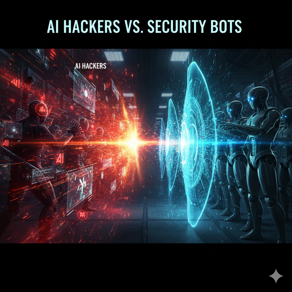 A cinematic digital battle in a dark server room between red-tinted AI hackers and blue-glowing security bots using holographic energy shields.