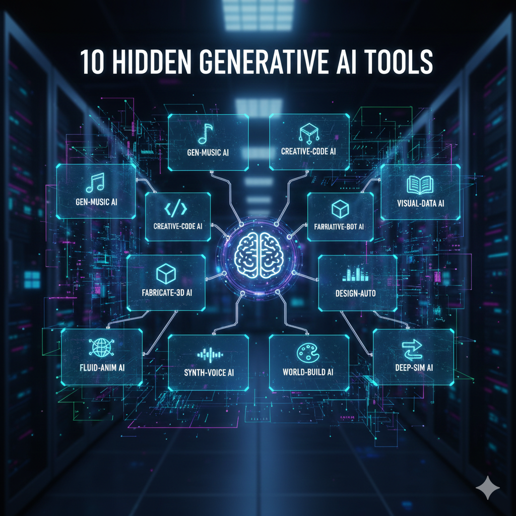 A digital display inside a server room showing a network of icons for various specialized AI tools like music generation, 3D fabrication, and world-building under the heading "10 Hidden Generative AI Tools."