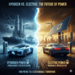 A split-screen graphic showing a hydrogen-powered sports car and cargo ship on the left, and a battery-electric sedan powered by solar panels and wind turbines on the right.