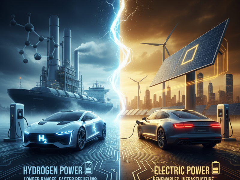 A split-screen graphic showing a hydrogen-powered sports car and cargo ship on the left, and a battery-electric sedan powered by solar panels and wind turbines on the right.