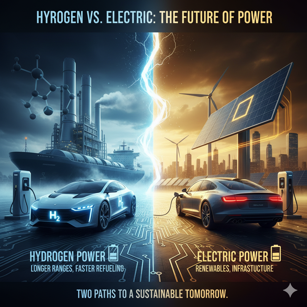 A split-screen graphic showing a hydrogen-powered sports car and cargo ship on the left, and a battery-electric sedan powered by solar panels and wind turbines on the right.