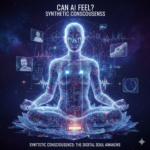 A luminous, wireframe humanoid figure sitting in a meditative lotus pose, surrounded by digital memory fragments and pulse waves against a cosmic backdrop.