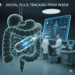 A transparent capsule containing microelectronics emitting light as it travels through a digital representation of the digestive system toward a monitoring tablet.