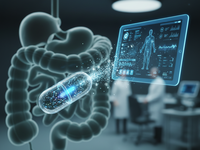 A transparent capsule containing microelectronics emitting light as it travels through a digital representation of the digestive system toward a monitoring tablet.