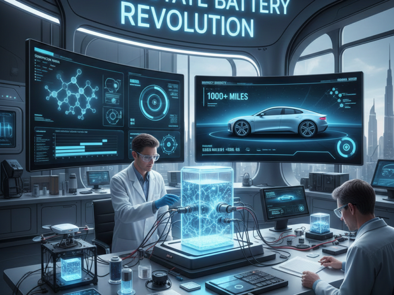 Scientists in a high-tech lab testing a glowing solid-state battery cell with digital displays showing a car and a 1,000-mile range.