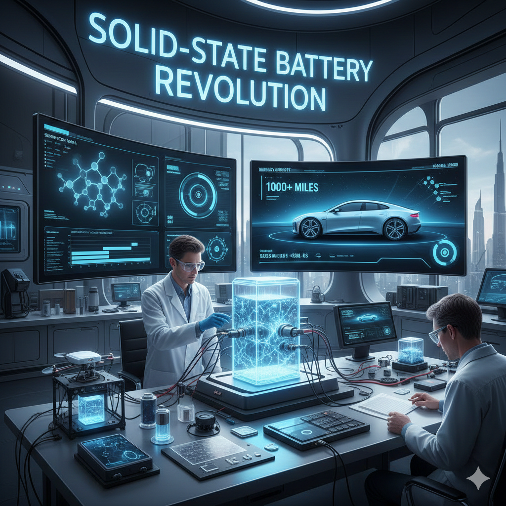 Scientists in a high-tech lab testing a glowing solid-state battery cell with digital displays showing a car and a 1,000-mile range.