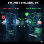 A side-by-side comparison in a dark data center showing massive, locked cloud servers for LLMs versus a smartphone, laptop, and piggy bank representing the agility and savings of SLMs.