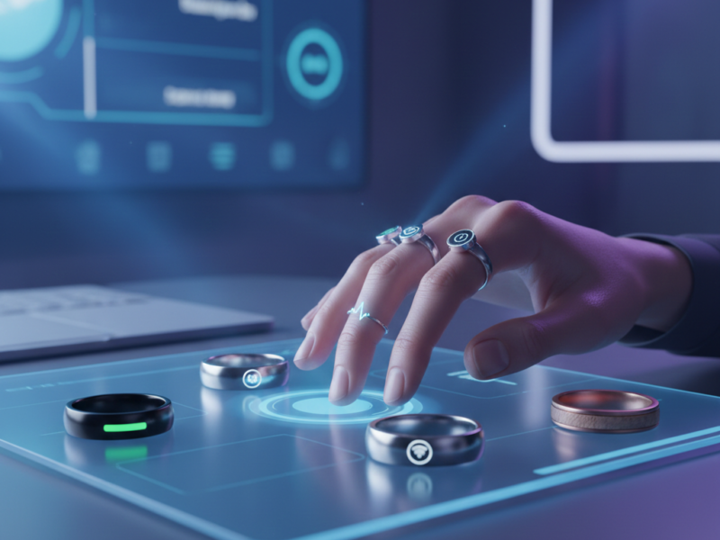 A hand interacting with a glowing glass interface, surrounded by various sleek smart ring designs that feature digital icons for health tracking and connectivity.