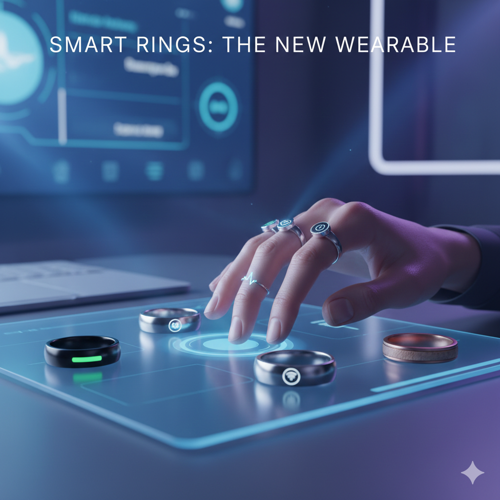 A hand interacting with a glowing glass interface, surrounded by various sleek smart ring designs that feature digital icons for health tracking and connectivity.