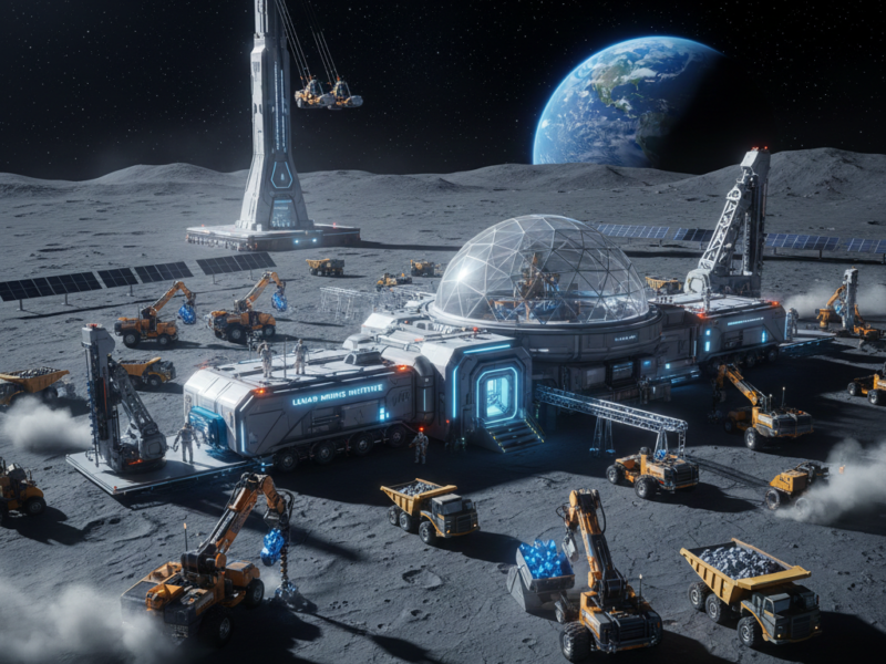 A busy lunar mining colony featuring yellow industrial excavators and trucks harvesting glowing blue minerals near a domed habitat with Earth visible in the background.