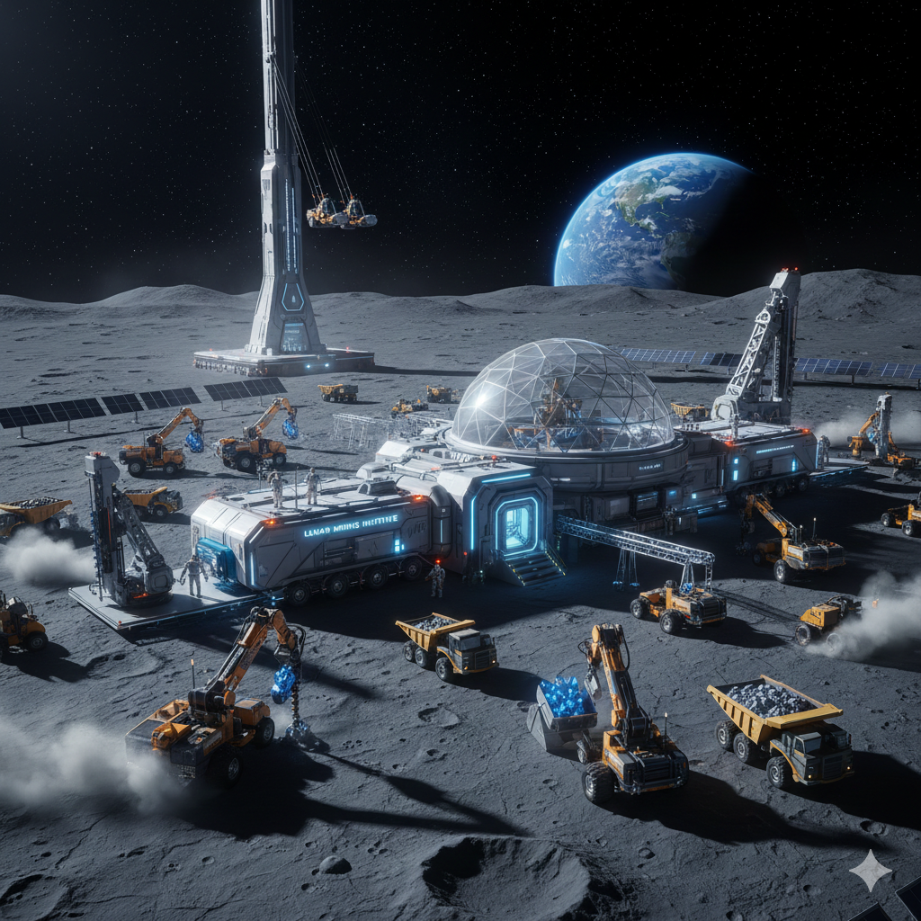 A busy lunar mining colony featuring yellow industrial excavators and trucks harvesting glowing blue minerals near a domed habitat with Earth visible in the background.