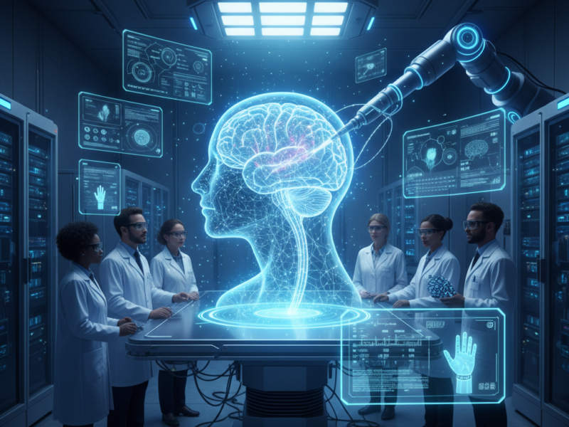 A group of medical researchers in a lab observing a robotic arm interacting with a glowing holographic human head and brain, symbolizing Neuralink's brain-computer interface progress.