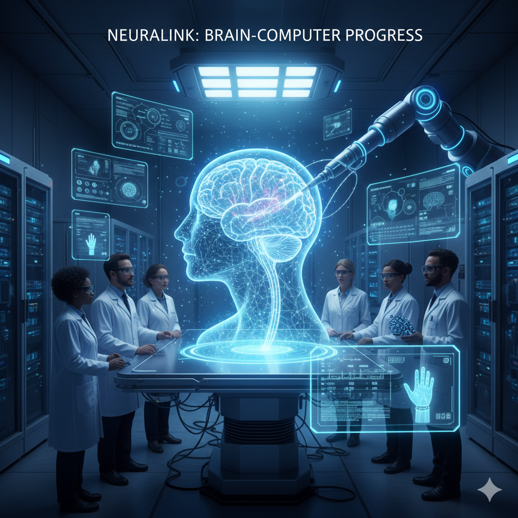 A group of medical researchers in a lab observing a robotic arm interacting with a glowing holographic human head and brain, symbolizing Neuralink's brain-computer interface progress.