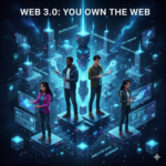 Four individuals standing on glowing digital platforms within a decentralized network, holding holographic keys that symbolize personal data ownership in a Web 3.0 environment.