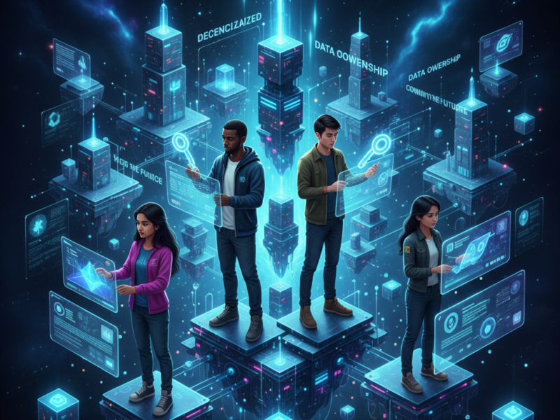 Four individuals standing on glowing digital platforms within a decentralized network, holding holographic keys that symbolize personal data ownership in a Web 3.0 environment.