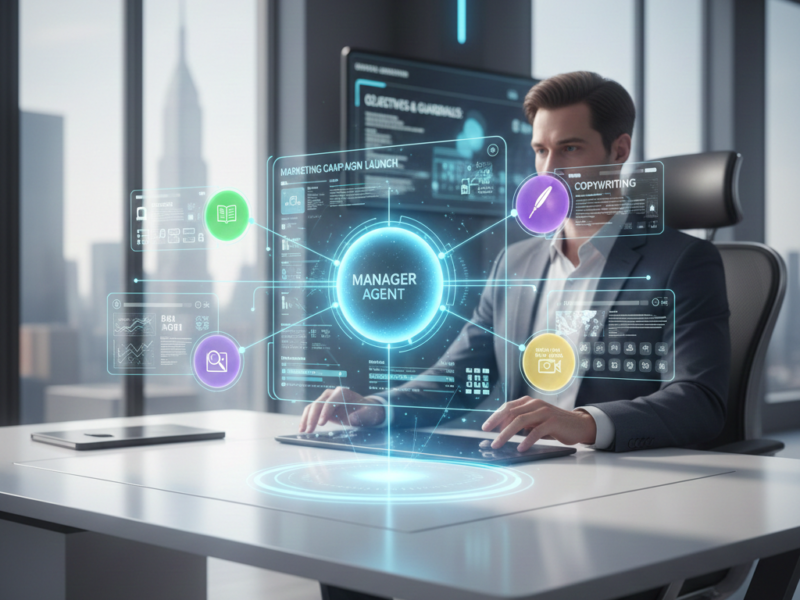 A professional in a modern office interacting with a holographic interface showing a central "Manager Agent" delegating tasks to specialized sub-agents.