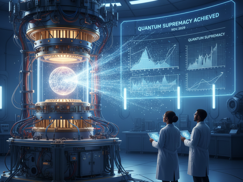 Two scientists in a dark laboratory observing a massive, intricate quantum computer with a glowing core and a digital screen announcing "Quantum Supremacy Achieved."
