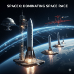 Multiple SpaceX rockets simultaneously launching from floating ocean platforms into orbit above Earth, surrounded by a dense network of Starlink satellites.