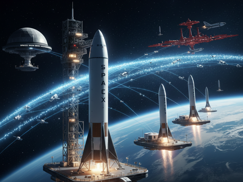 Multiple SpaceX rockets simultaneously launching from floating ocean platforms into orbit above Earth, surrounded by a dense network of Starlink satellites.