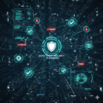A complex digital network visualization showing a central shield icon connected to various nodes with "Denied" and checkmark symbols, representing a Zero Trust security architecture.