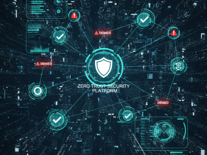 A complex digital network visualization showing a central shield icon connected to various nodes with "Denied" and checkmark symbols, representing a Zero Trust security architecture.