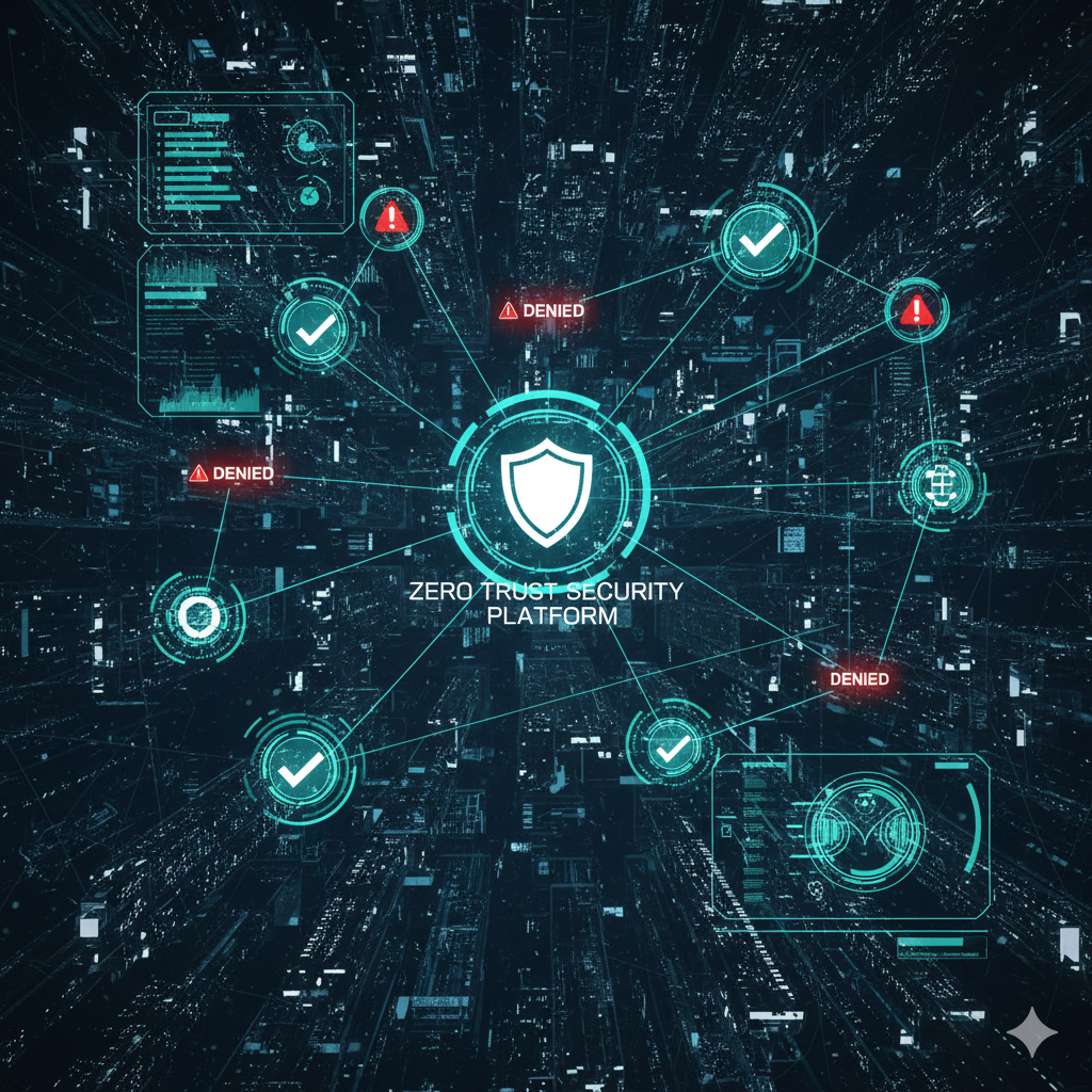 A complex digital network visualization showing a central shield icon connected to various nodes with "Denied" and checkmark symbols, representing a Zero Trust security architecture.