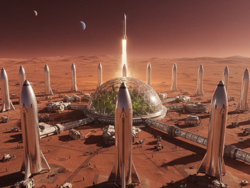 Multiple silver SpaceX Starships landed on the red surface of Mars surrounding a massive glass bio-dome filled with green vegetation.