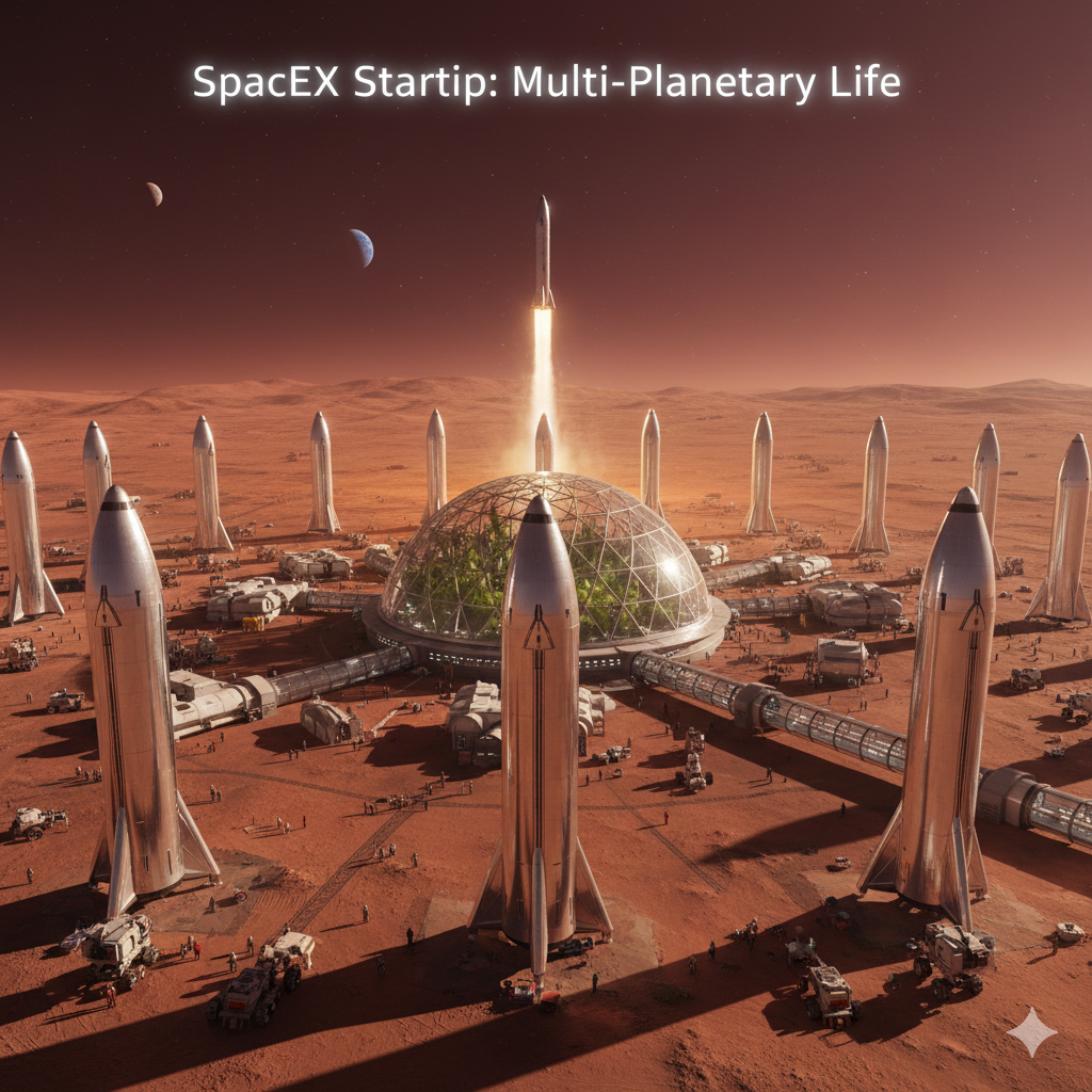 Multiple silver SpaceX Starships landed on the red surface of Mars surrounding a massive glass bio-dome filled with green vegetation.
